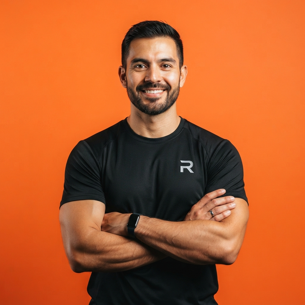 Smiling bearded man in a black shirt with an “R” logo stands with crossed arms against an orange background.