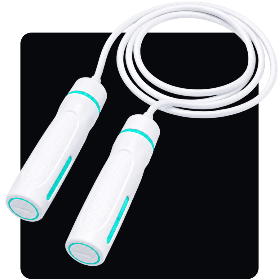 White jump rope with two cyan-accented handles and coiled rope on a dark rounded background.