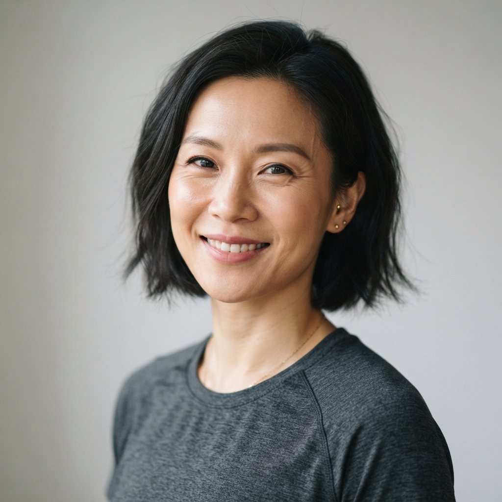 Smiling woman with short black hair and gold earrings wearing a charcoal-gray shirt against a light gray background.