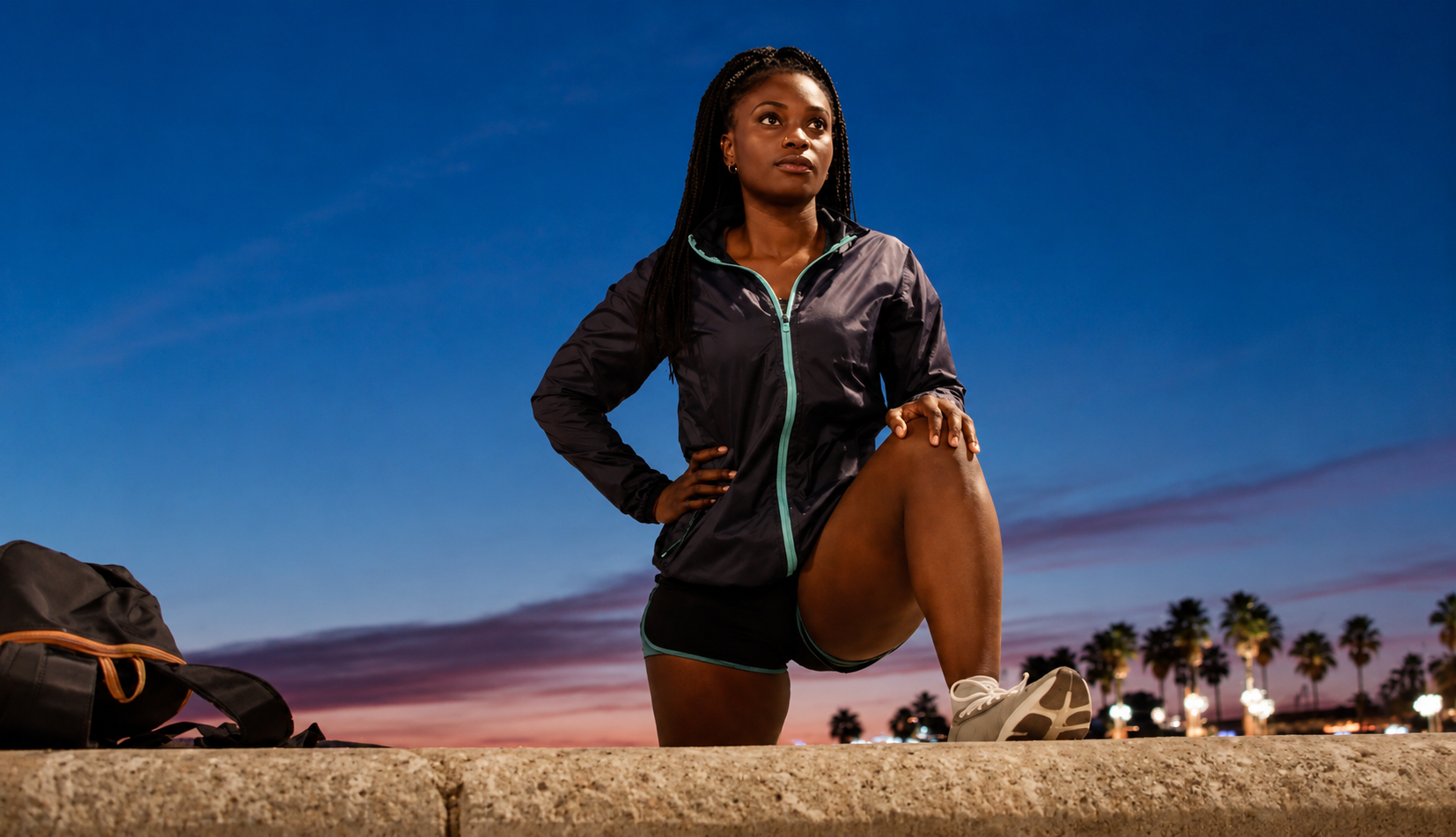Athlete in a dark jacket stretches one leg on a concrete ledge at dusk beside a sports bag.