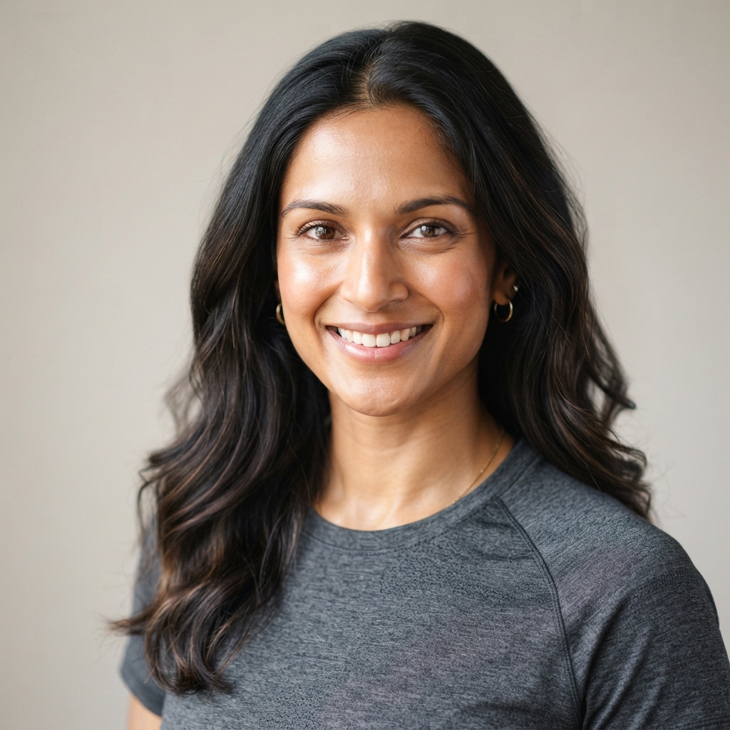 Smiling woman with long dark wavy hair wearing a charcoal-gray top against a plain light-gray background.
