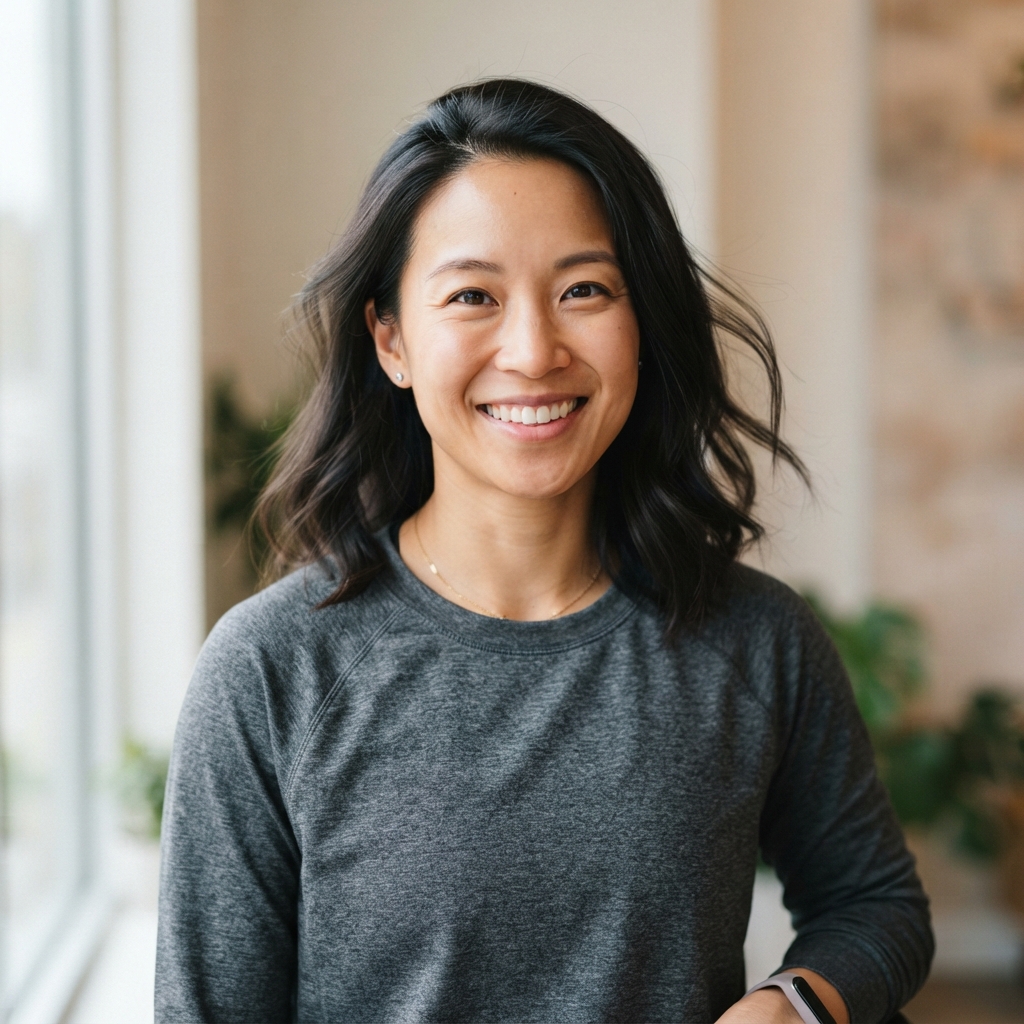 Smiling woman with wavy dark hair wearing a gray shirt and smartwatch in a softly lit indoor setting.