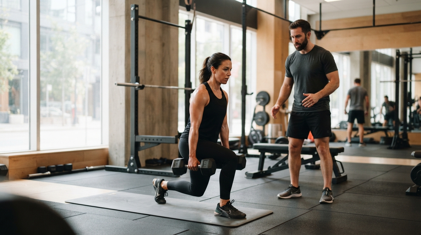 Woman doing a dumbbell reverse lunge while a male trainer observes in a modern gym.