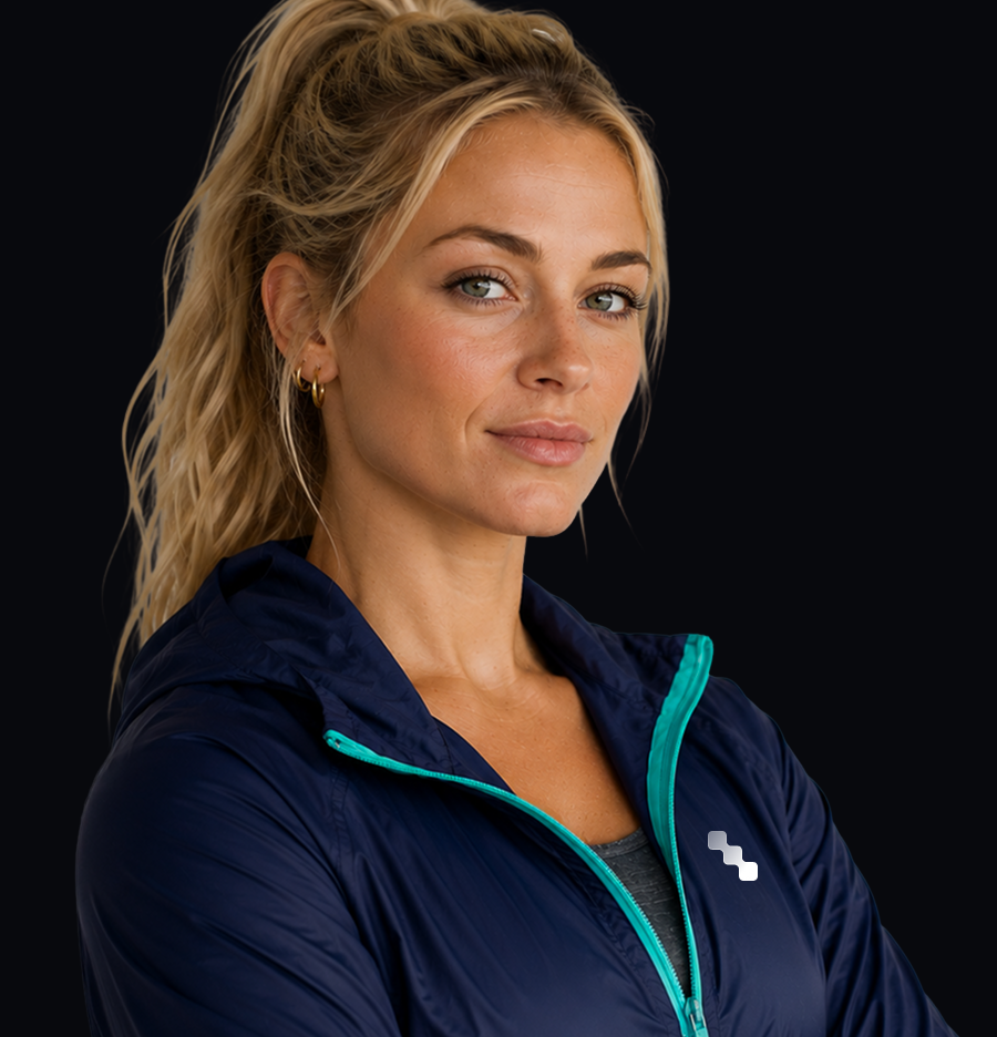 Blonde woman in a navy athletic jacket with turquoise trim posing against a black background.