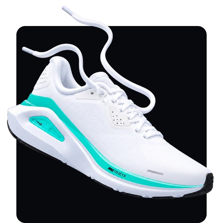 White Nike ReactX running shoe with turquoise accents and loose laces on a black rounded background.
