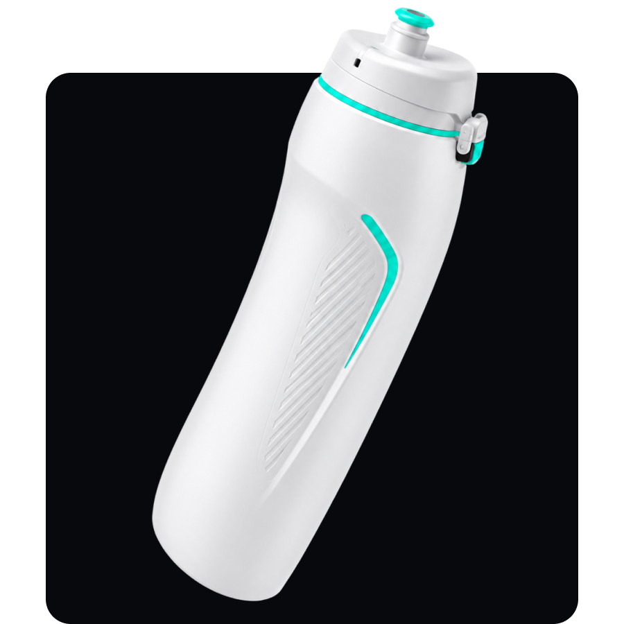 White sports water bottle with turquoise accents displayed diagonally on a dark rounded background.
