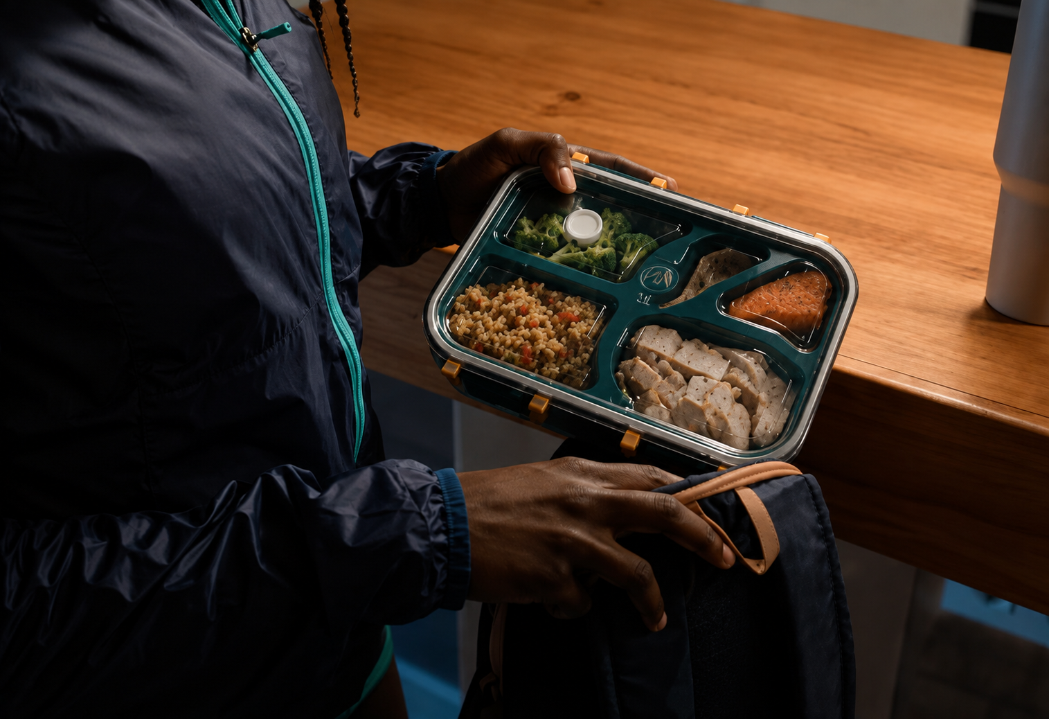 Person holds an open compartmentalized lunchbox filled with broccoli, grains, chicken, salmon, and other food.