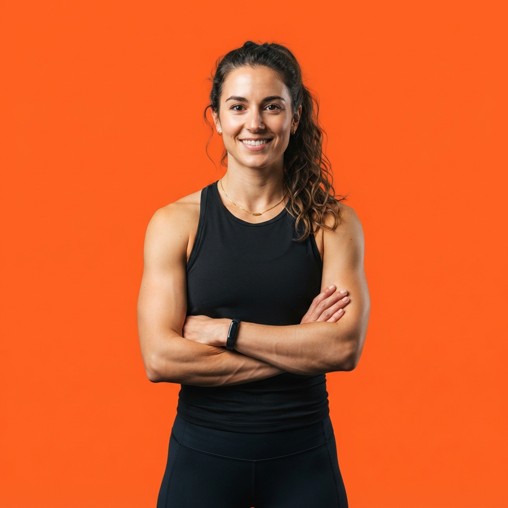 Smiling woman in black athletic clothing stands with folded arms against a bright orange background.
