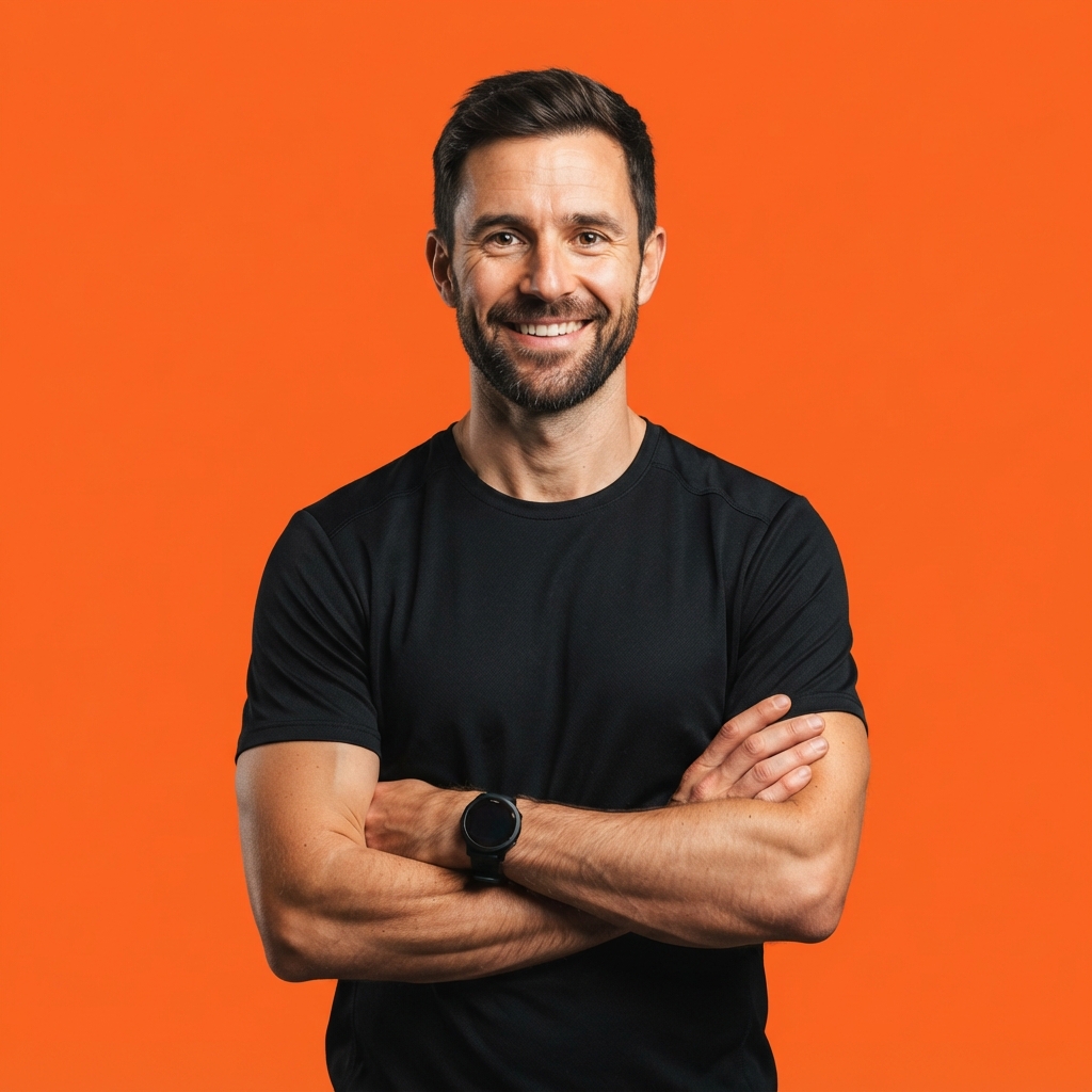 Smiling bearded man in a black T-shirt stands with crossed arms against an orange background.