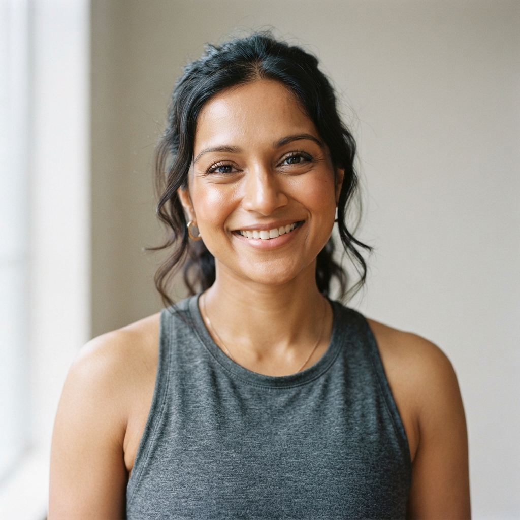 Smiling woman with dark hair tied back, wearing a gray sleeveless top against a softly lit neutral wall.