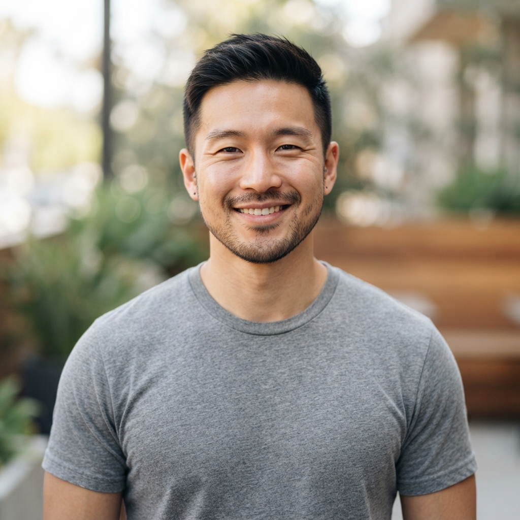 Smiling man in a gray T-shirt standing outdoors against a softly blurred leafy background.