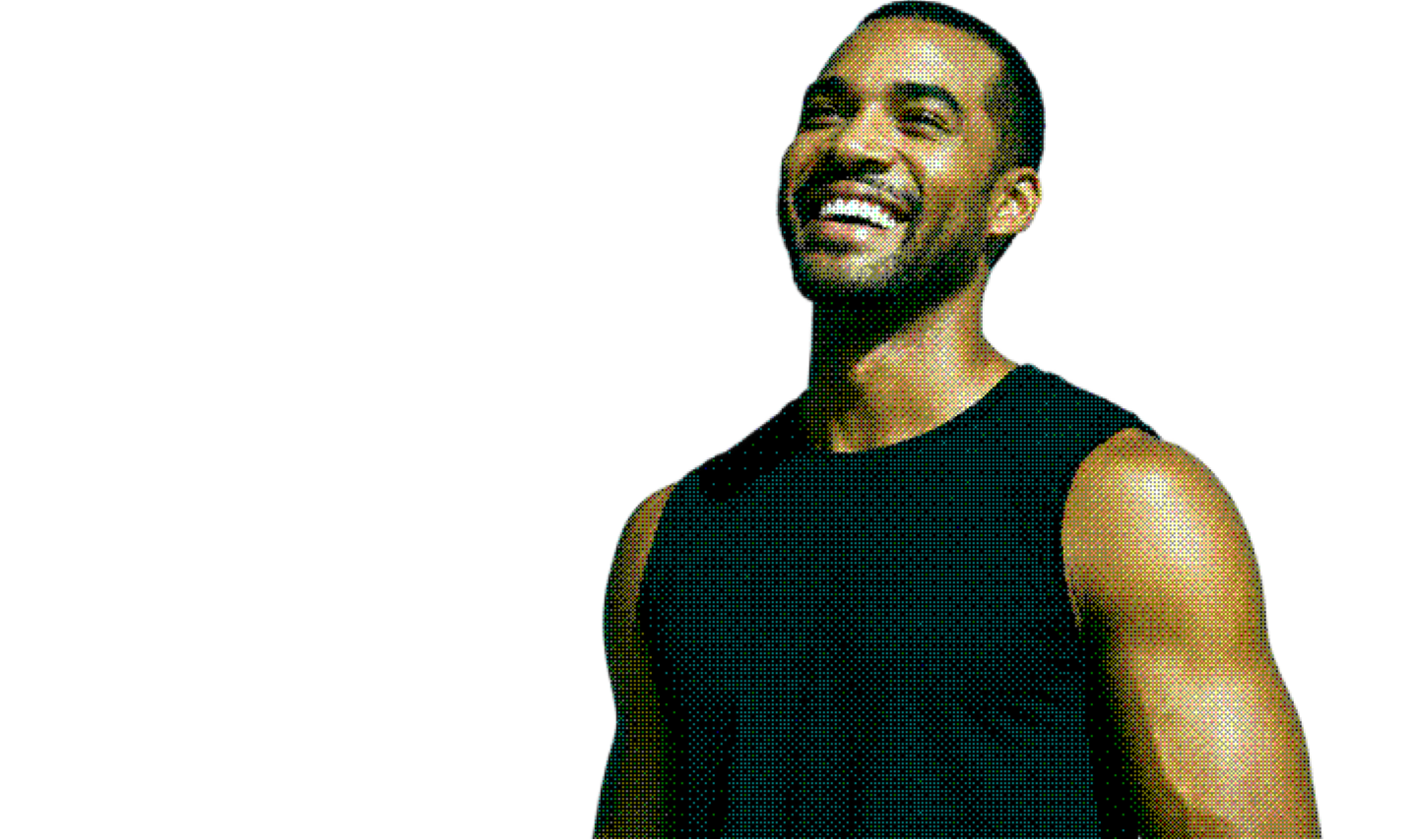 Smiling bearded man in a dark sleeveless shirt rendered in colorful halftone dots against black.