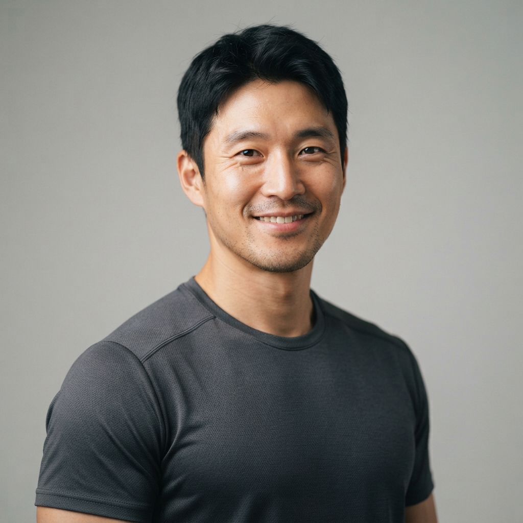 Smiling man with short black hair wearing a dark gray T-shirt against a plain gray background.